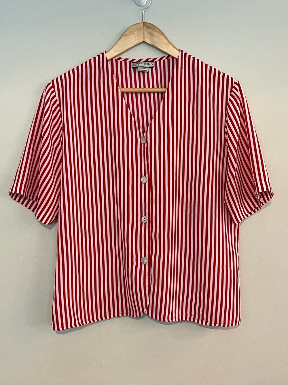 Vintage Notations Red and White Striped Short Sleeve Button Up Top